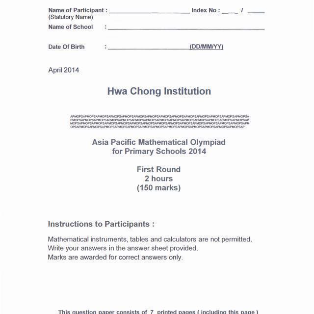 APMOPS Asia Pacific Mathematical Olympiad For Primary Schools SMOPS APMOPS Asia Pacific Mathematical Olympiad For Primary Schools SMOPS
