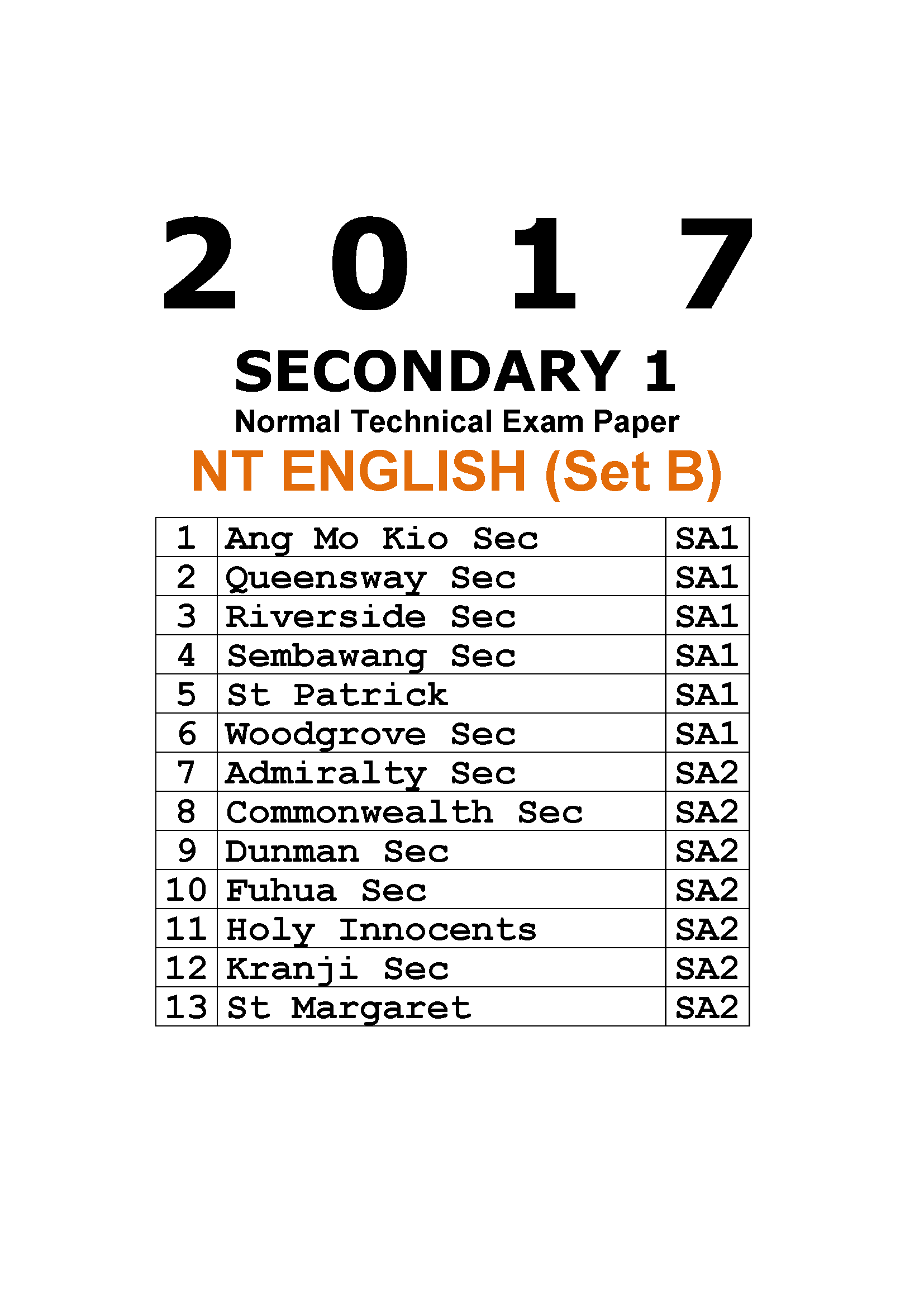 2017 Secondary 1 Normal Technical (NT) English Exam Paper (Set B